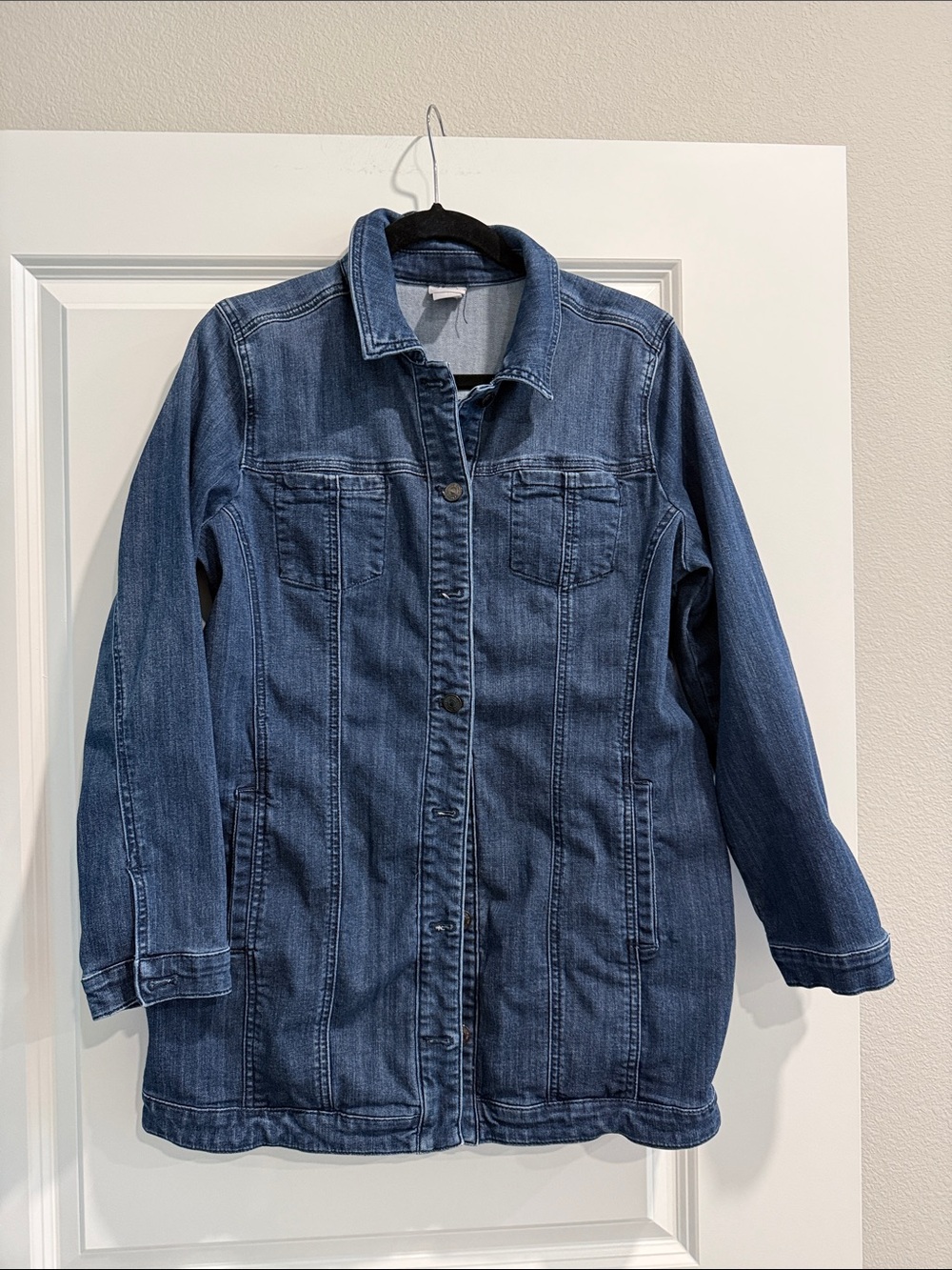 Chico’s Classic Long Denim Jacket - Blue sz 1 sz m